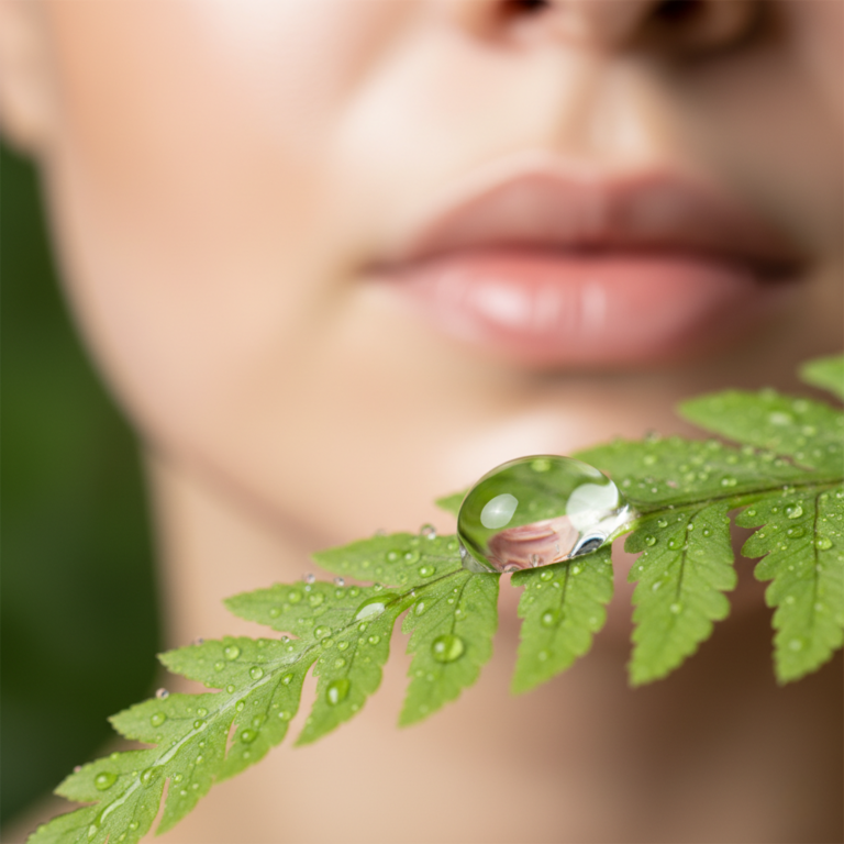 una goccia di siero trasparente, simbolo di idratazione botanica, posata su una foglia verde.