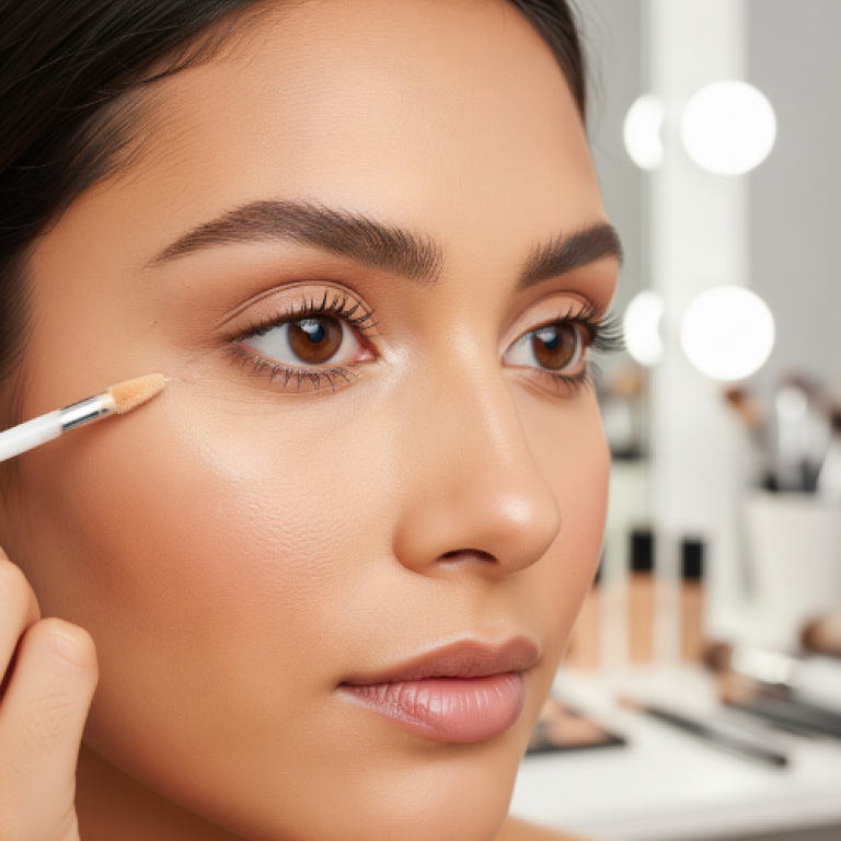 Donna che applica il correttore con tecnica lifting sull'occhio.