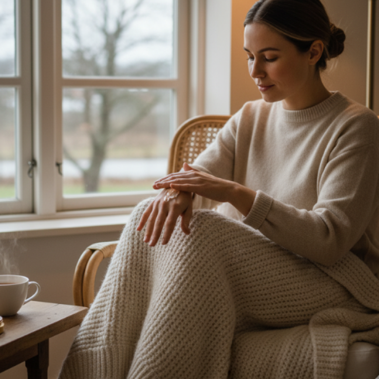 Donna che applica una crema mani in un accogliente ambiente invernale.