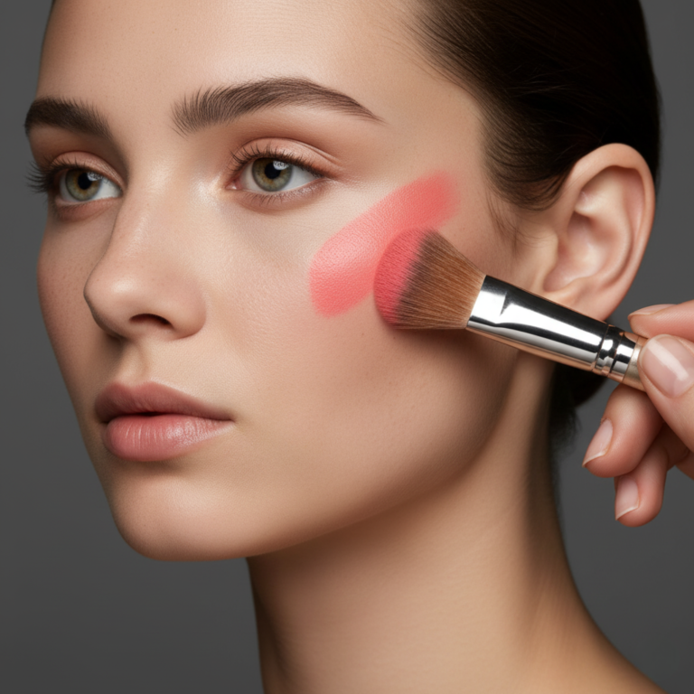 Makeup artist applica il blush su una modella con la tecnica del face draping per scolpire il viso.