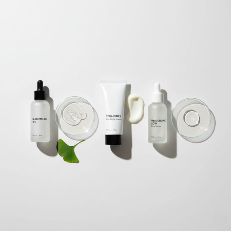 Prodotti cosmetici economici disposti accanto a texture di ingredienti efficaci come la niacinamide.