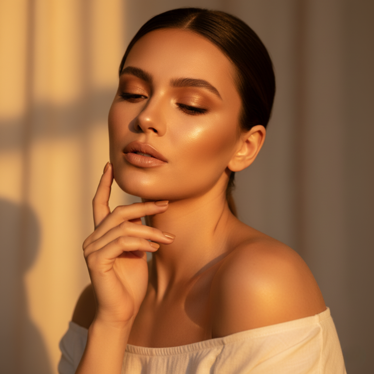 Primo piano di una donna con un 'latte makeup' luminoso e monocromatico, illuminata da una luce calda.