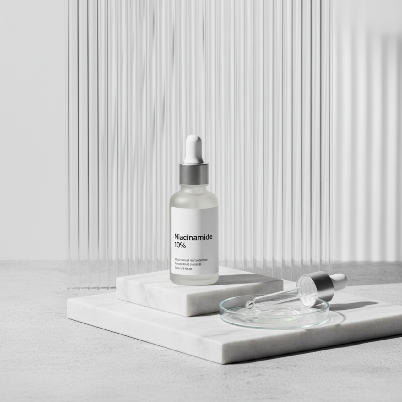 Flacone di siero alla niacinamide in un'ambientazione scientifica e chic, a simbolo dei suoi benefici.