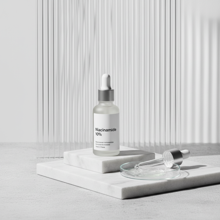 Flacone di siero alla niacinamide in un'ambientazione scientifica e chic, a simbolo dei suoi benefici.