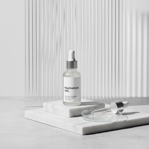 Flacone di siero alla niacinamide in un'ambientazione scientifica e chic, a simbolo dei suoi benefici.