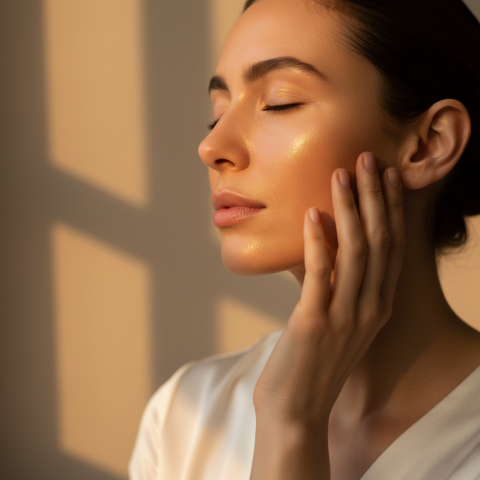 Primo piano del viso di una modella con pelle di vetro, luminosa e radiosa grazie a una luce naturale che ne esalta la salute e l'effetto glow che viene dall'interno.
