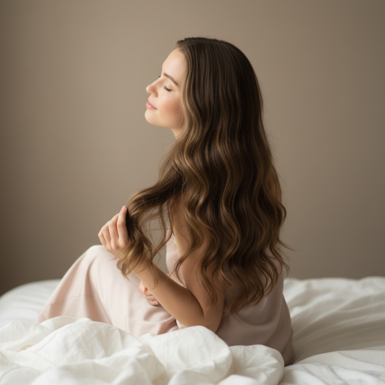 Donna vista di schiena che passa le dita tra i capelli sani e folti, a simbolo della forza data dai peptidi.