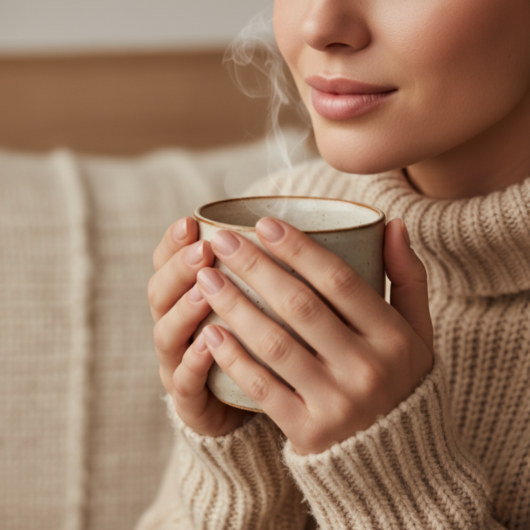 Primo piano di mani e labbra curate di una donna che tiene una tazza calda, simbolo di protezione dal freddo.