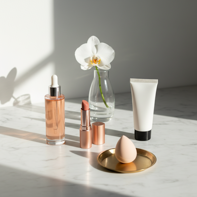 Elegante e minimalista angolo beauty con pochi prodotti cosmetici ibridi multi-funzione ben disposti