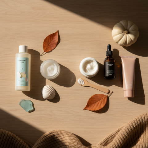 Composizione flatlay con prodotti skincare estivi e autunnali, a simbolo della routine di transizione.