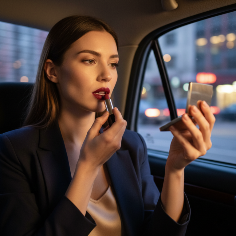 Donna elegante che applica un rossetto intenso per trasformare il suo trucco da giorno a sera.